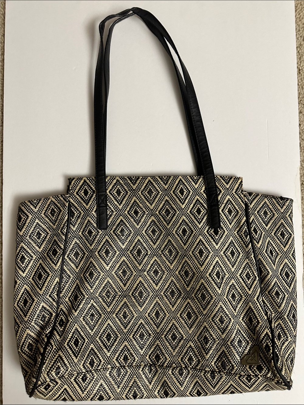Roxy Black and Cream Diamond-Pattern Tote